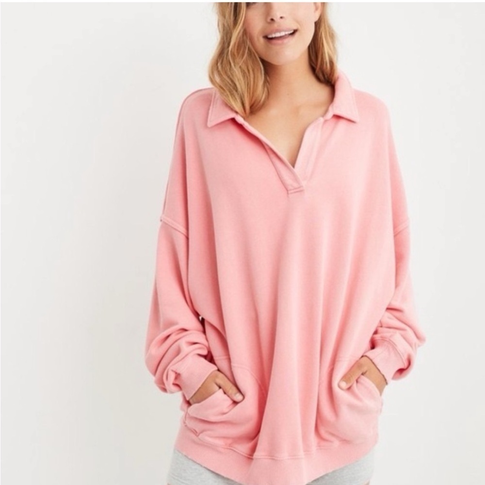 Aerie Happy Henley Everyday Oversized V Neck Collared Crew Neck Coral